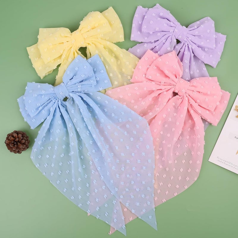 MRJ 4Pcs Chiffon Hair Bows for Women Big French Bows Hair Clips for Girls Hair Accessories Barrettes Metal Clips Bowknot Aesthetic - Image 2